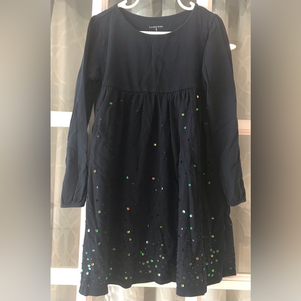 Lands’ End size 5 girls navy blue dress with sequin embellishments as pictured